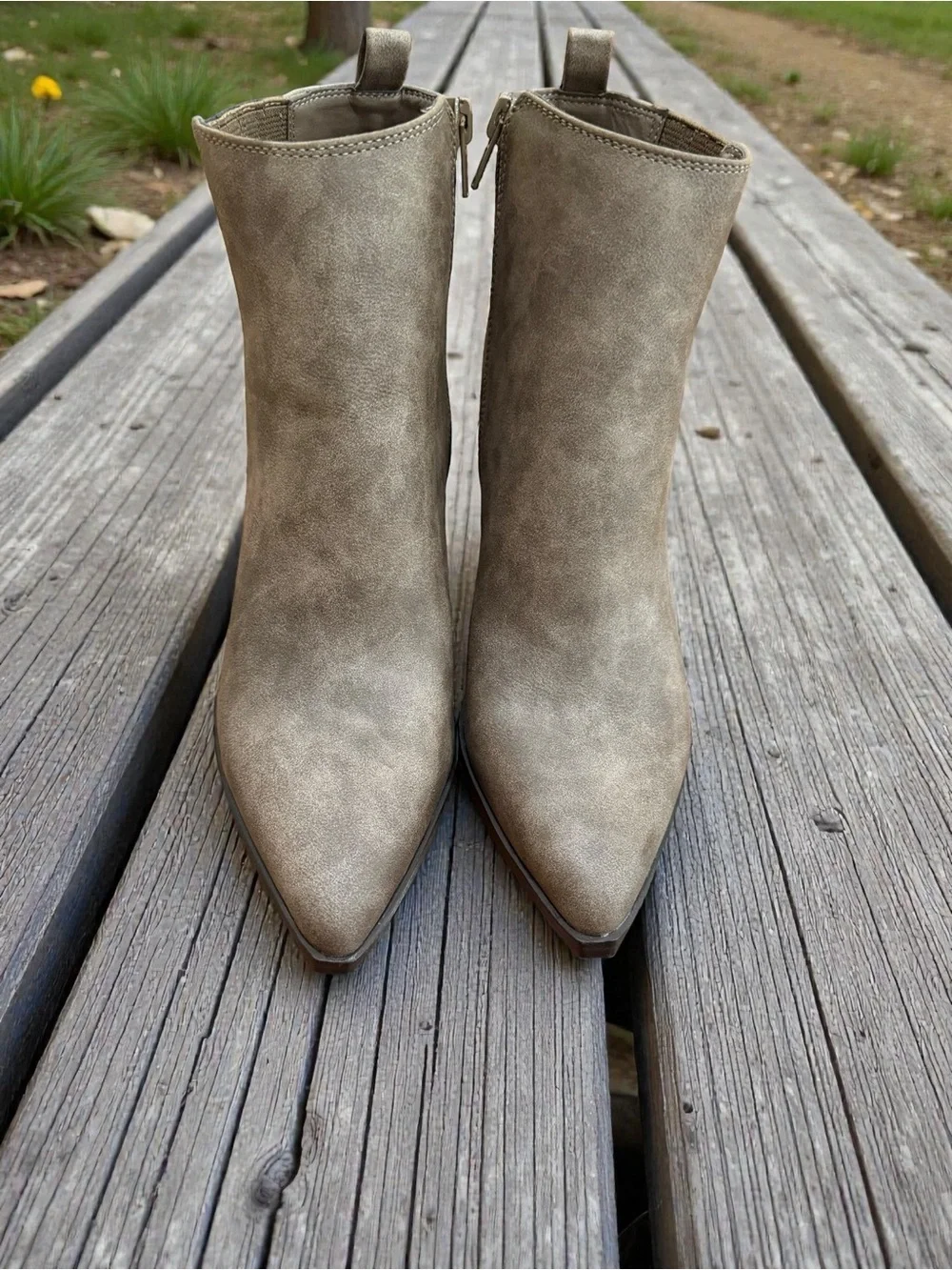 Indigo Taupe Pointed Toe Ankle Booties with Side Zip